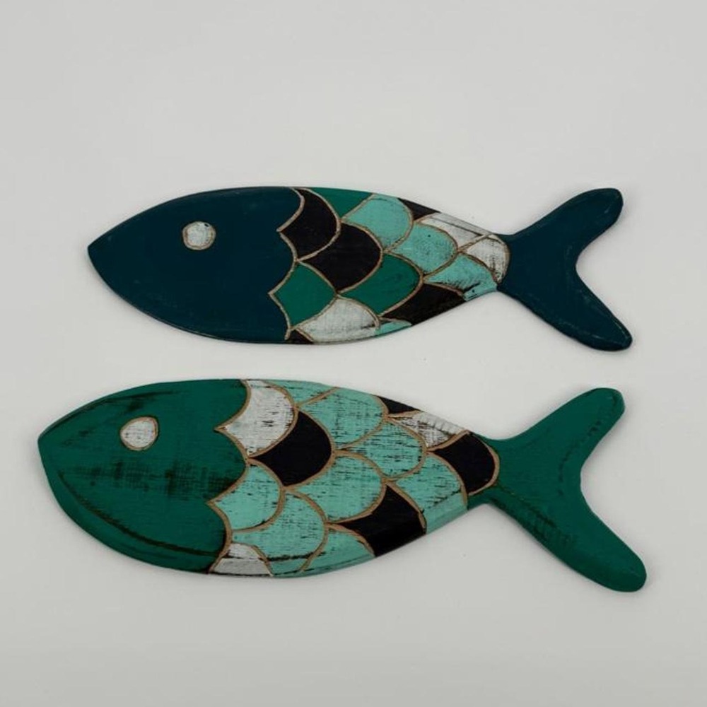 Wooden Fish Wall Art Set Teal Green Black White Scale Pattern Coastal Decor